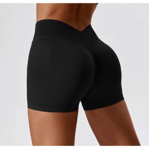 Women V Cross Waist Scrunch Butt Seamless Stretch Yoga Biker Shorts